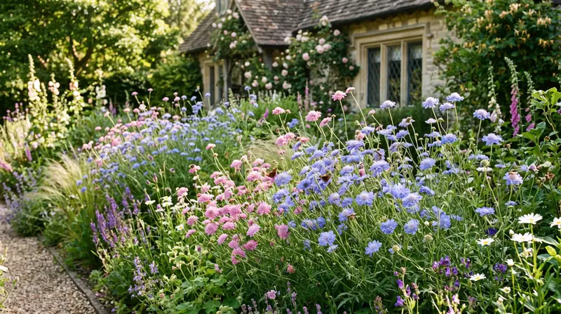 Blue and pink scabious pincushion flowers in a sunny UK cottage garden border