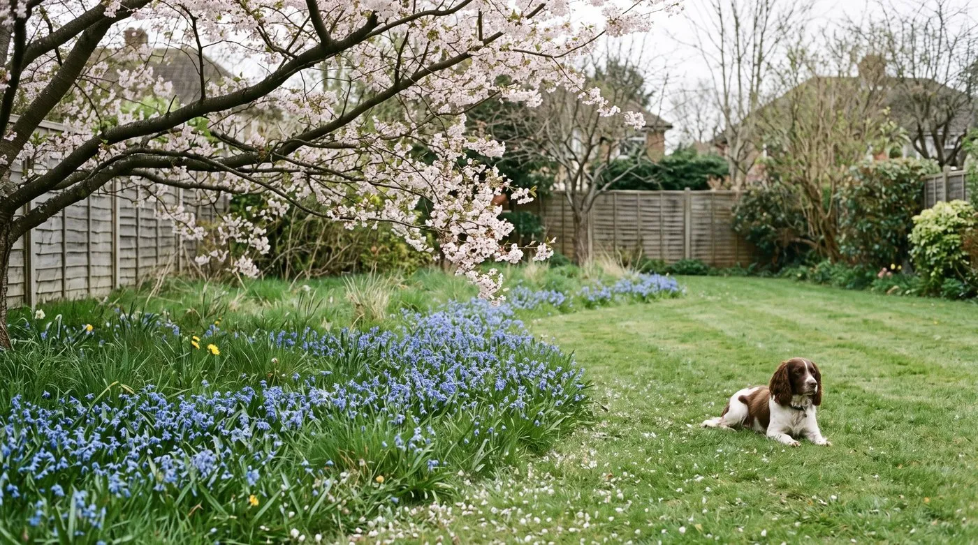 Drift of blue scilla flowering in unmown grass under a cherry tree, with a spaniel resting nearby