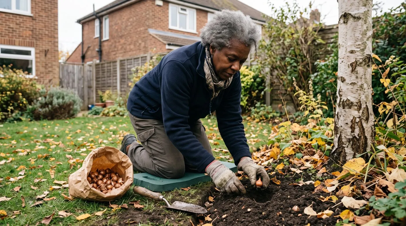 Gardener planting small scilla bulbs pointed end up in a border under a birch tree