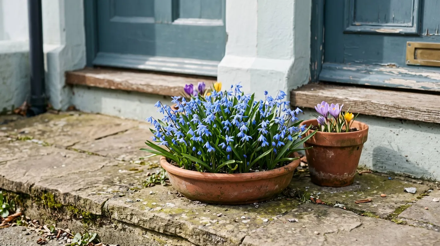 Shallow terracotta pan packed with flowering blue scilla on a doorstep