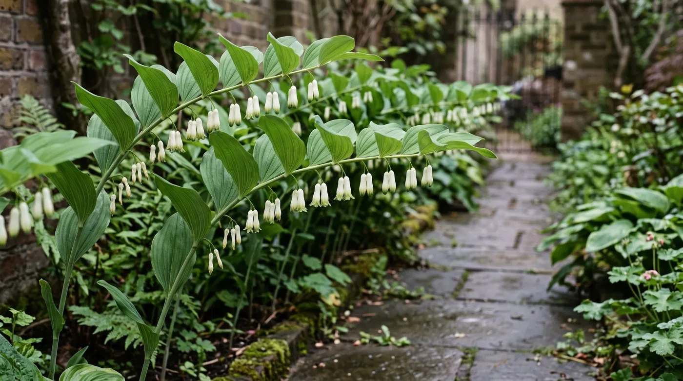 Solomon's seal arching stems with paired pleated leaves and hanging white bell flowers in a shady London terrace garden