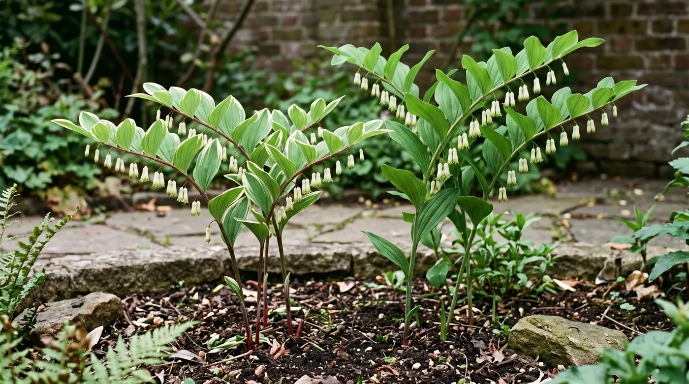 Variegated Polygonatum odoratum with cream-edged leaves beside plain green Solomon's seal for comparison