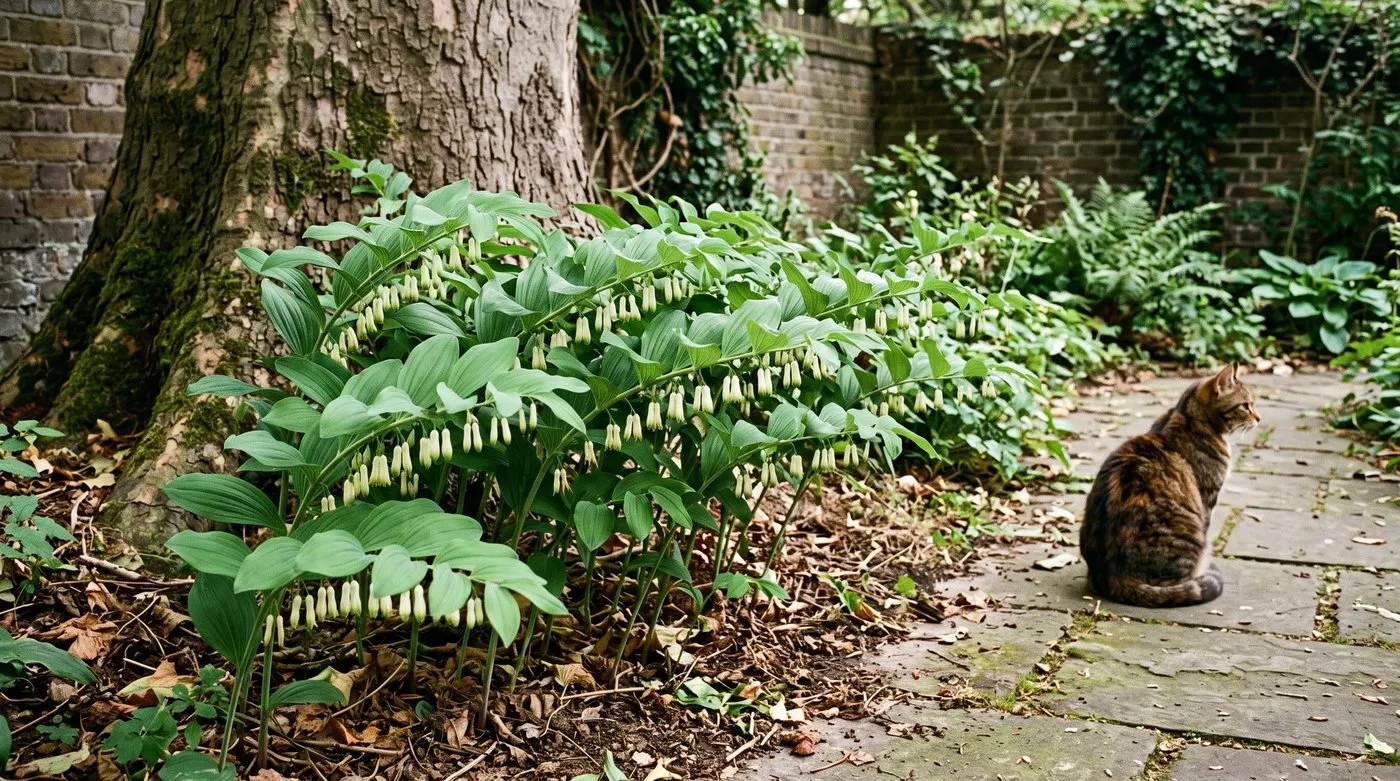 Solomon's seal growing in dry shade under a mature tree with a cat sitting on the path alongside