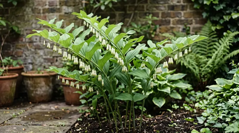 Solomon's seal arching stems with paired oval leaves and hanging white green-tipped bell flowers in a shady UK garden
