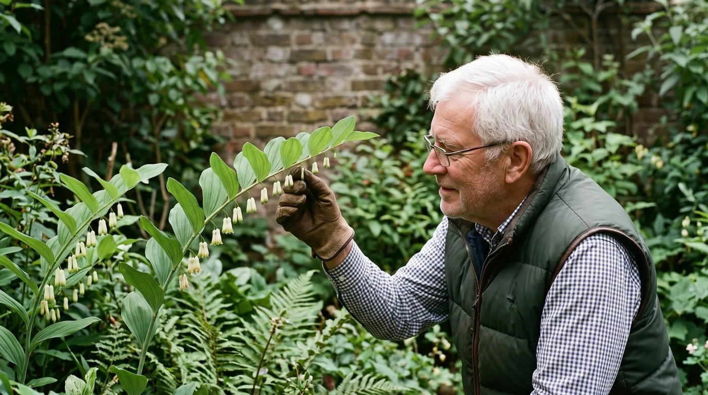 A white British man in his 70s lifting a Solomon's seal stem to check the leaf undersides in a shady garden