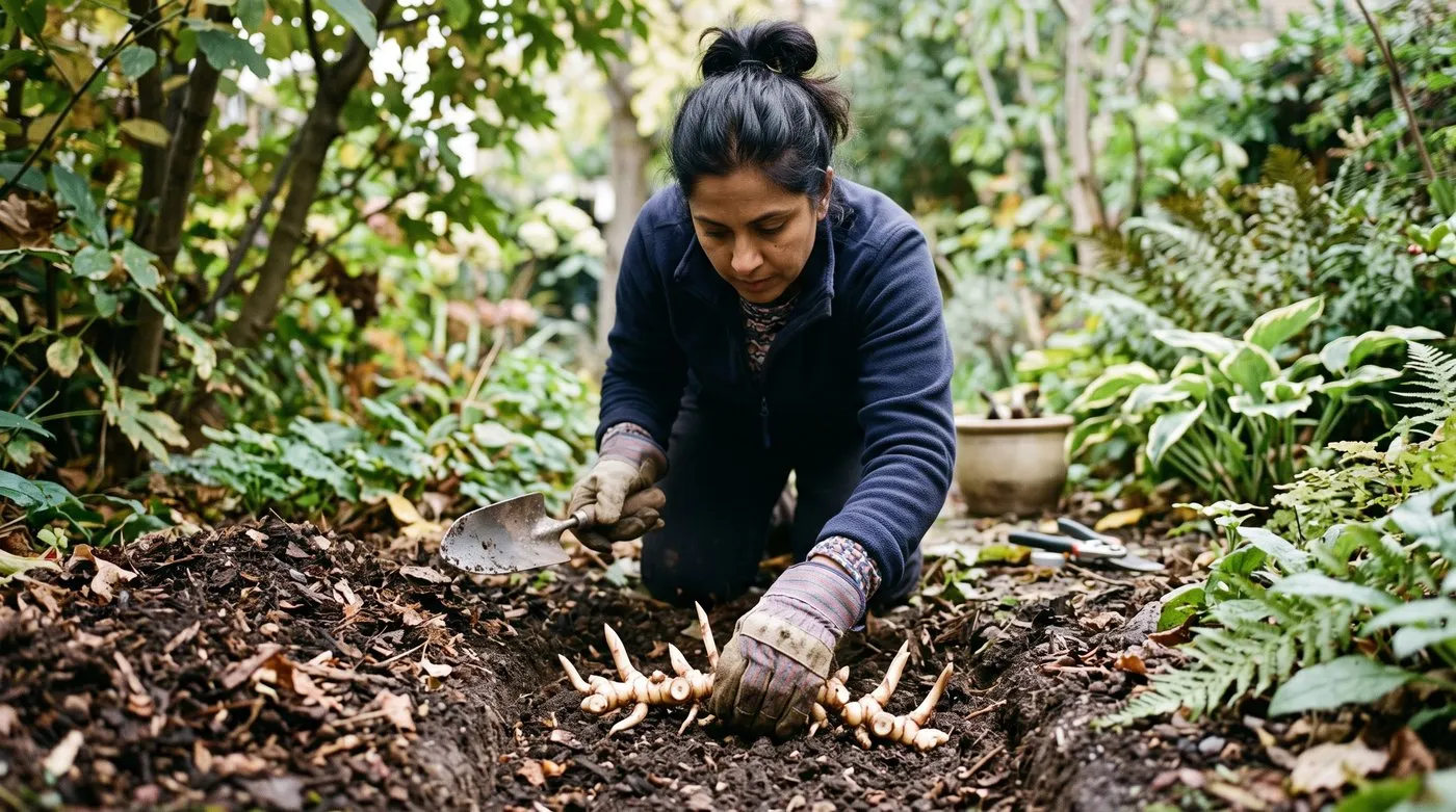 An Indian British woman in her 40s laying Solomon's seal rhizomes flat in a shallow trench in a London terrace garden