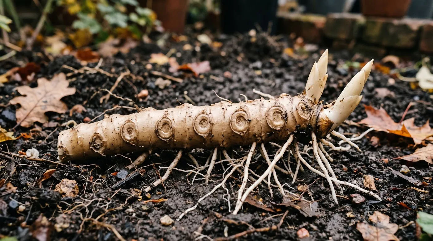 A knobbly Solomon's seal rhizome held over dark soil showing the circular stem scars and upward-facing buds