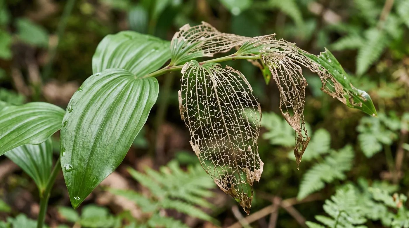 Solomon's seal leaves stripped to the veins by sawfly larvae beside an intact healthy leaf for comparison