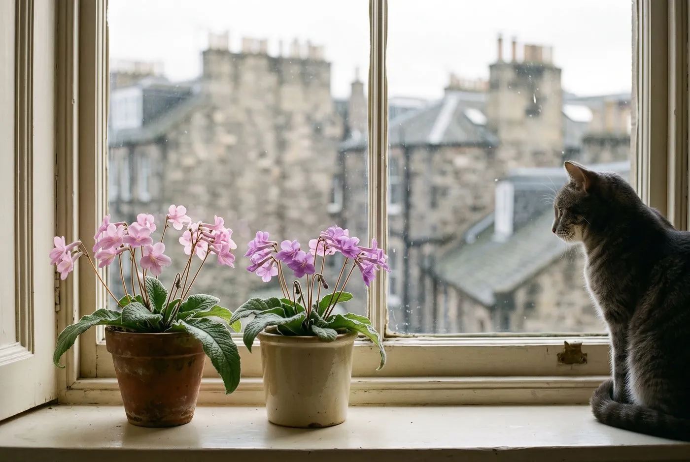 Grey tabby cat sitting on a windowsill beside two pots of streptocarpus Cape primrose in flower in a UK flat