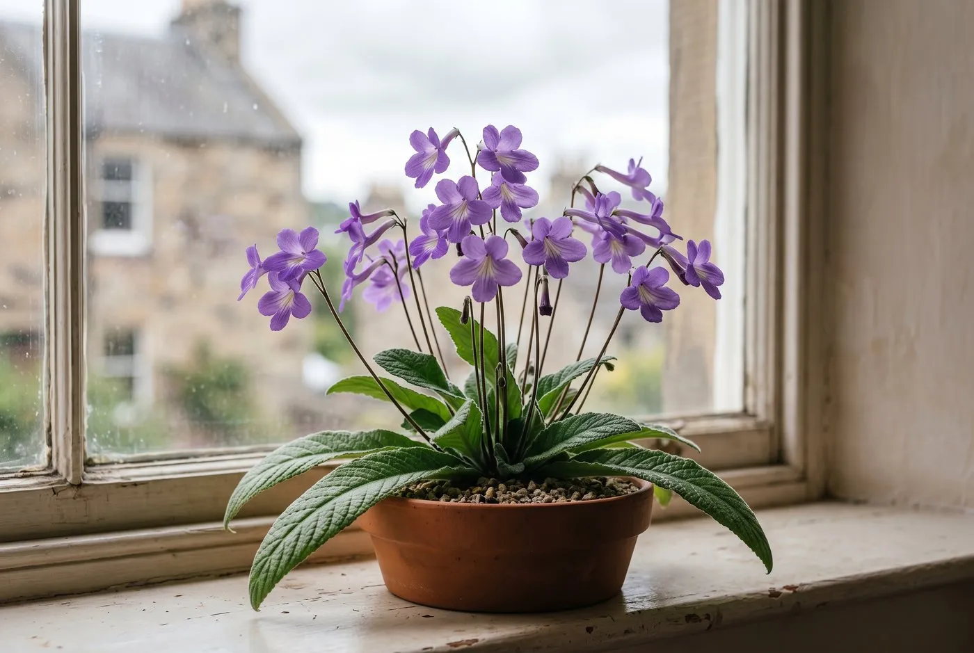 Healthy flowering streptocarpus with quilted strap leaves and many purple flower stems in a shallow pot on a windowsill