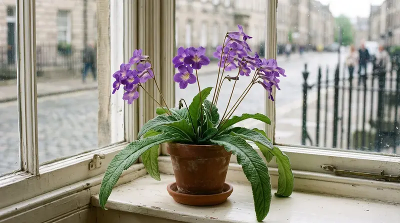 Streptocarpus Cape primrose in full flower with purple trumpet blooms above quilted strap leaves on a bright UK windowsill