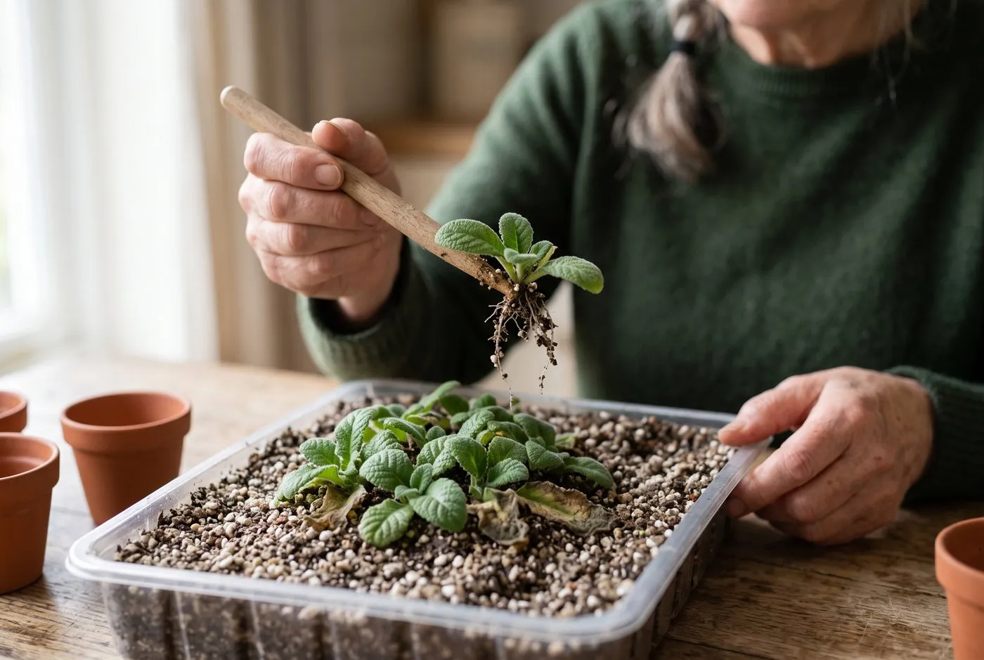Young streptocarpus plantlets raised from leaf cuttings, one lifted from the tray for potting on