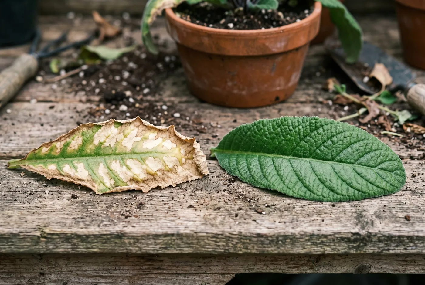 Sun-scorched pale streptocarpus leaf beside a healthy quilted green leaf on a potting bench for comparison