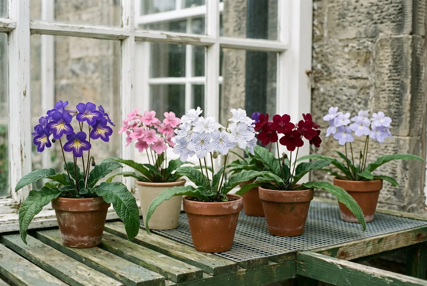 Streptocarpus Cape primrose varieties in flower, purple, pink, white, wine-red and lilac, on greenhouse staging