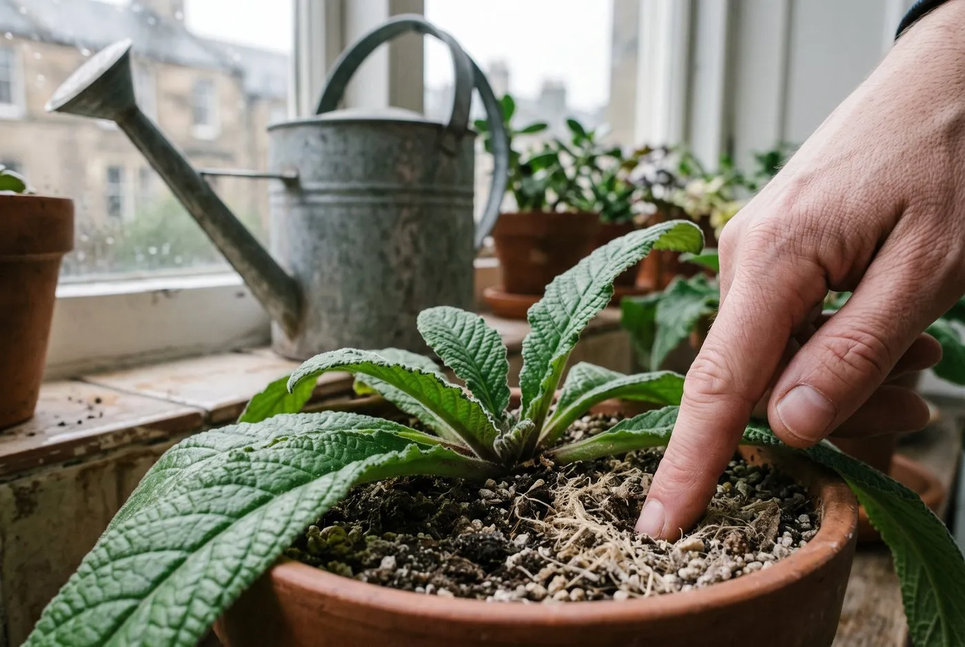 Close-up of a finger testing the dry compost surface of a potted streptocarpus beside a galvanised watering can