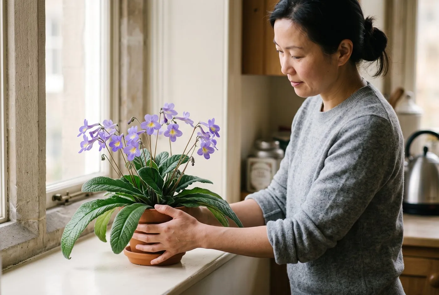 East Asian woman in her forties tending a flowering streptocarpus on a bright kitchen windowsill, turning the pot