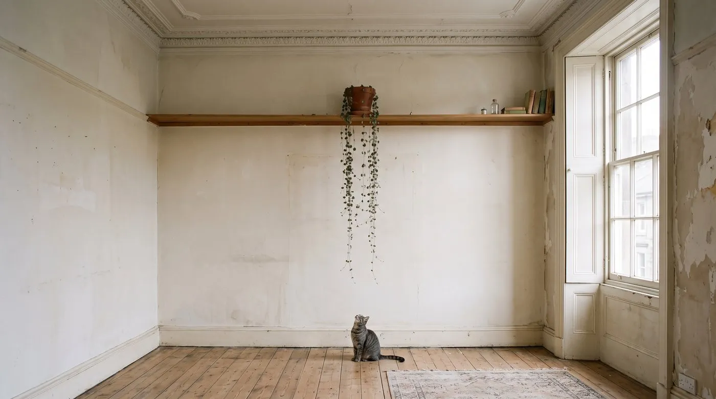 String of hearts trailing from a high shelf by a bright window, with a tabby cat looking up at the strands