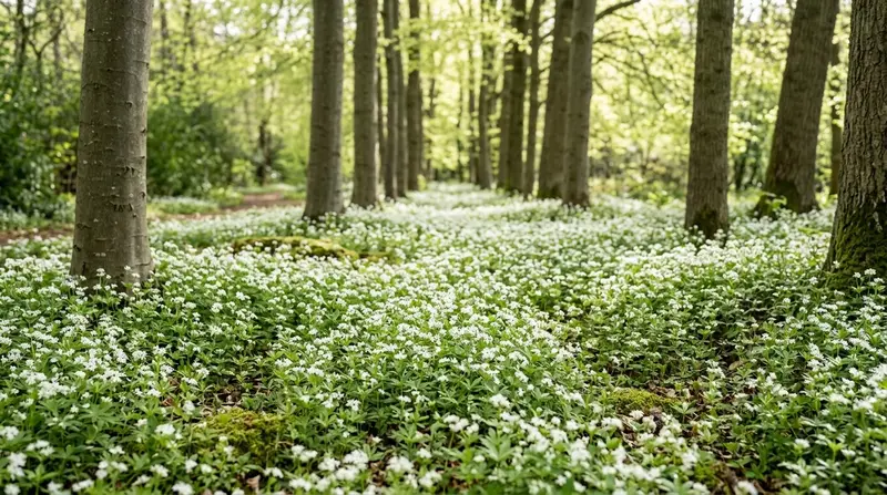 How to grow sweet woodruff UK shown as a carpet of white star flowers under deciduous trees in a Surrey woodland garden in