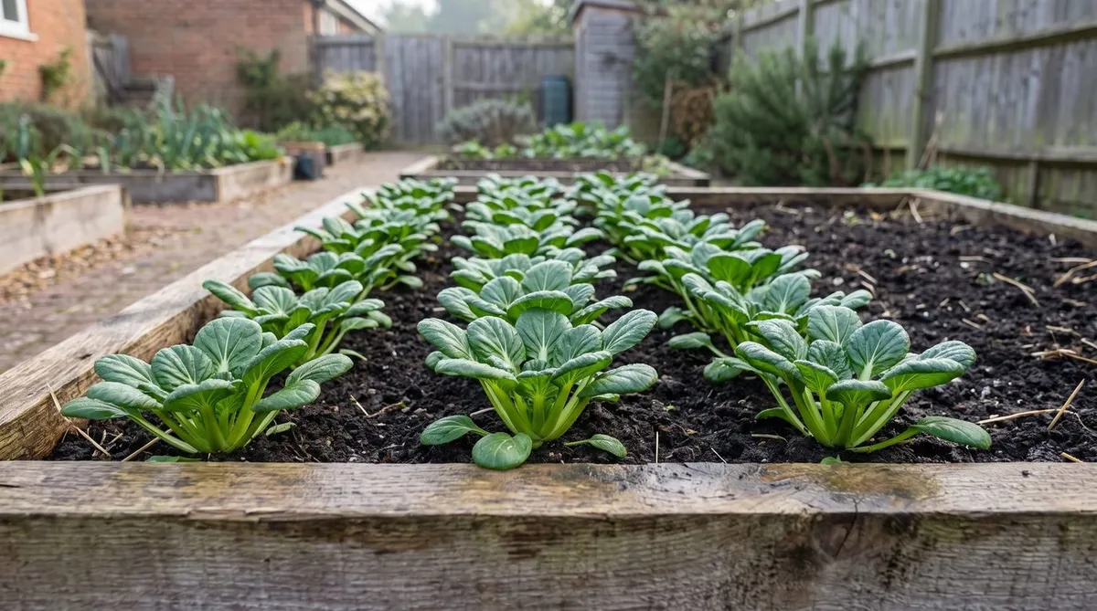 Tatsoi rosettes with dark green spoon-shaped leaves growing in a UK raised bed