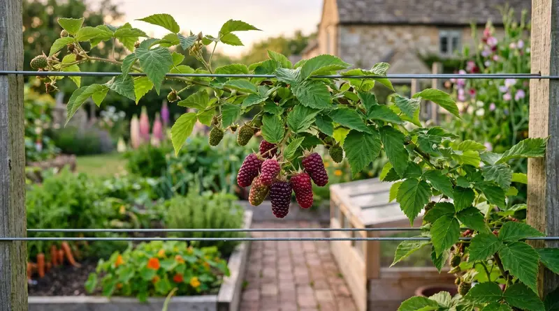 UK tayberry plant trained on horizontal wires with deep purple-red elongated fruit in late July sunlight