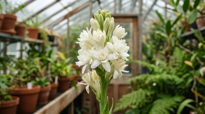 Macro of a double white tuberose The Pearl flower spike showing how to grow tuberose in the UK