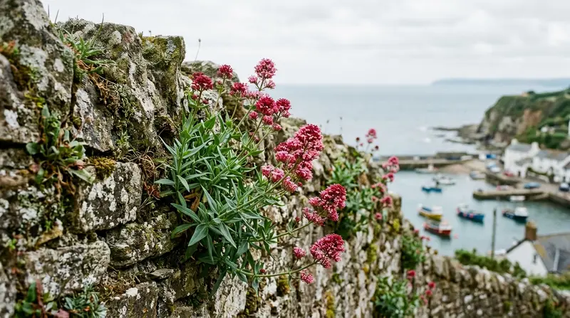 How to grow valerian in the UK: red valerian Centranthus ruber self-seeding in a Devon coastal stone wall