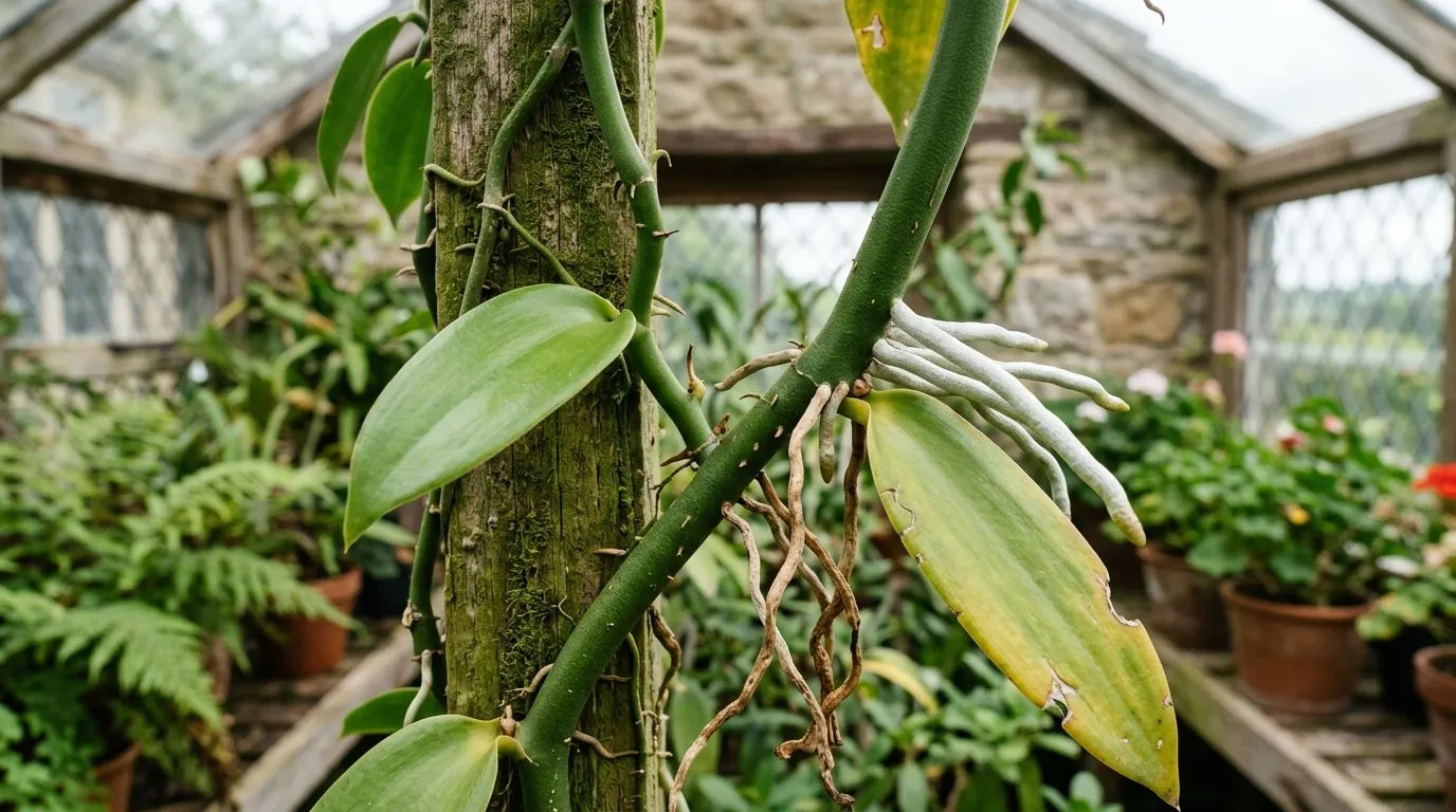 How to grow vanilla: yellowing shrivelled aerial roots on a vanilla orchid vine in a UK conservatory