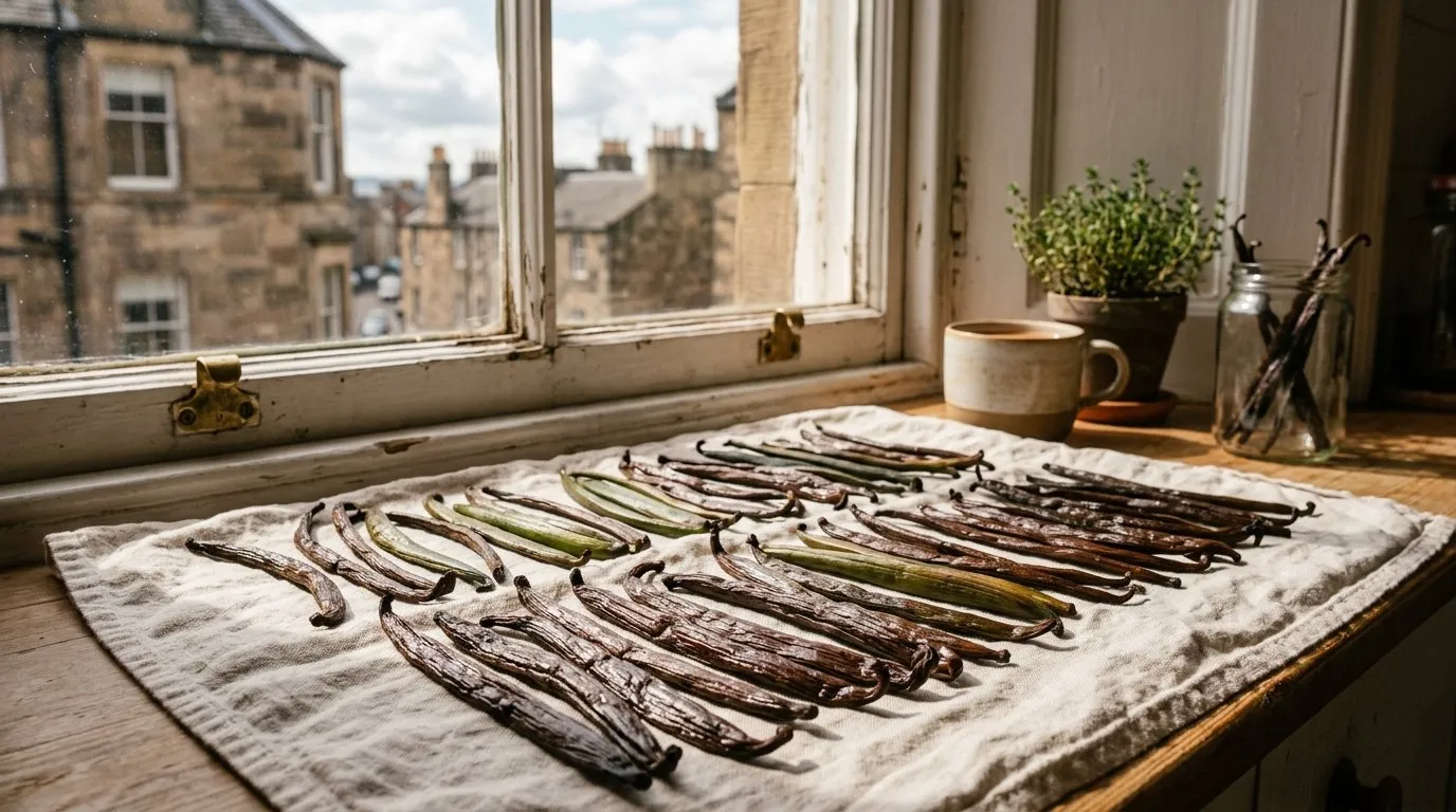 How to grow vanilla: curing vanilla pods drying on a cloth on a sunny UK windowsill
