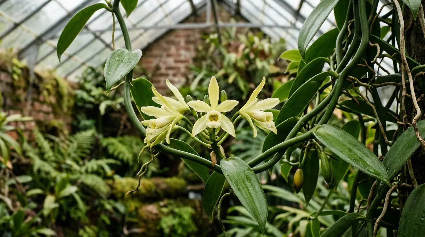 How to grow vanilla: a spray of pale vanilla orchid flowers open on a mature vine in a UK greenhouse
