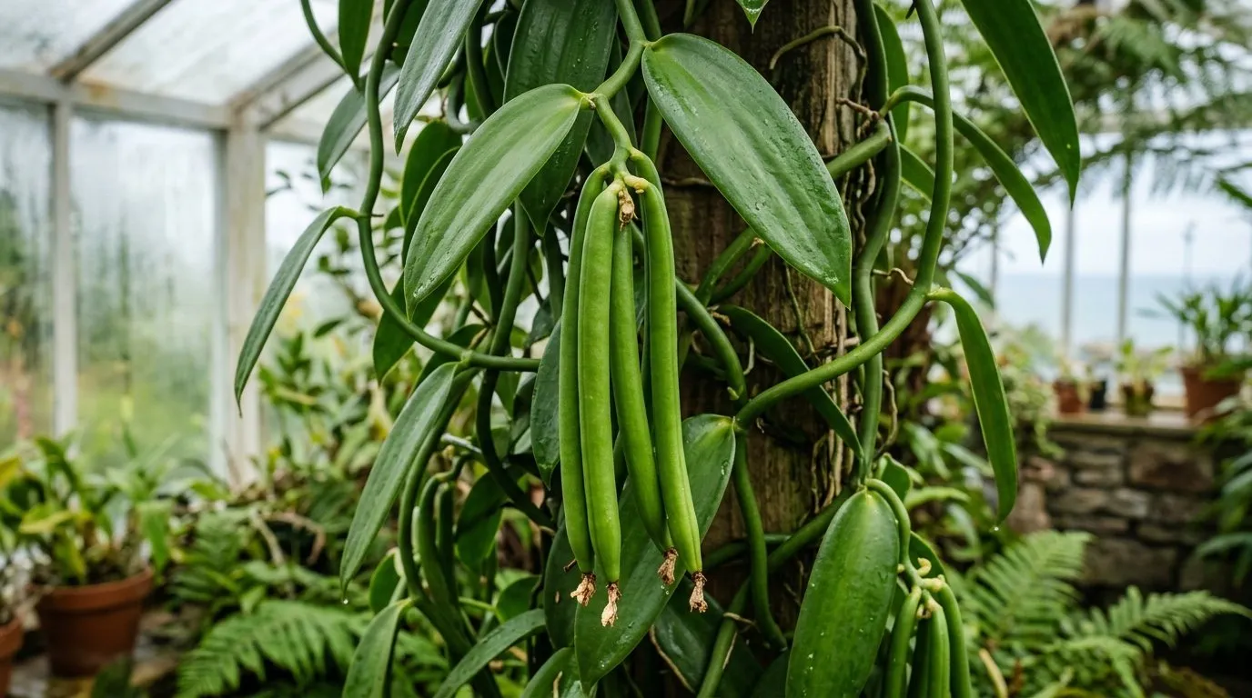 How to grow vanilla: a green vanilla pod ripening on the vine in a heated UK greenhouse