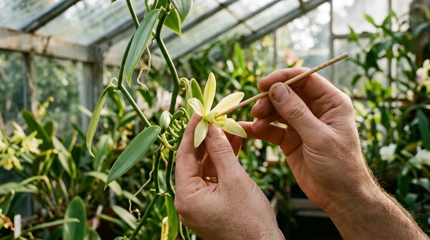 How to grow vanilla: hand-pollinating a vanilla orchid flower with a cocktail stick in a UK conservatory