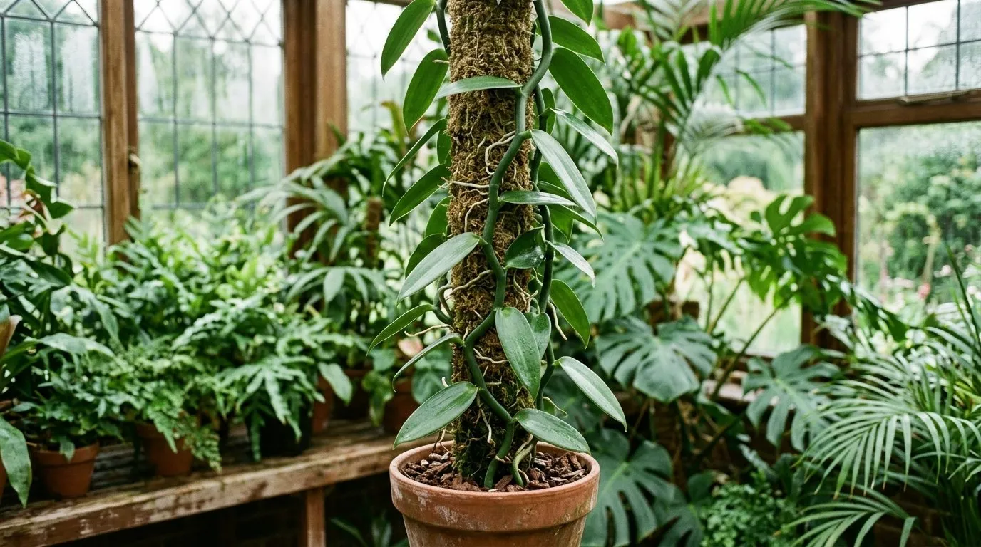 How to grow vanilla: a vanilla orchid vine climbing a moss pole in a warm UK conservatory