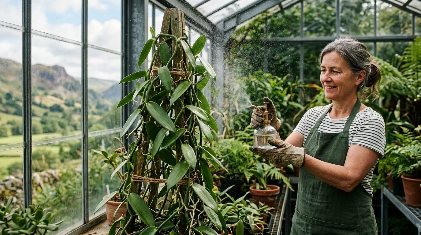 How to grow vanilla: misting a vanilla orchid to raise humidity in a heated UK greenhouse