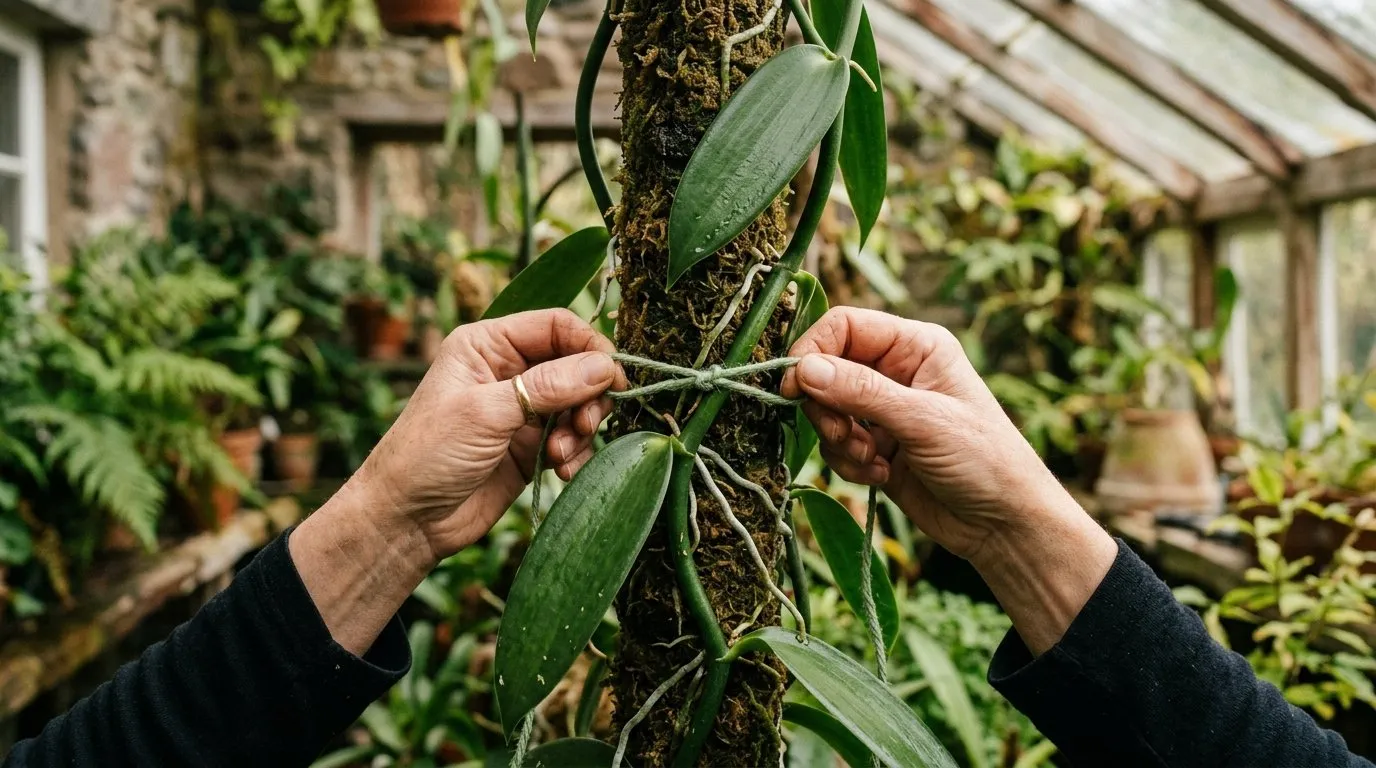 How to grow vanilla: training a vanilla orchid vine up a moss pole in a UK greenhouse