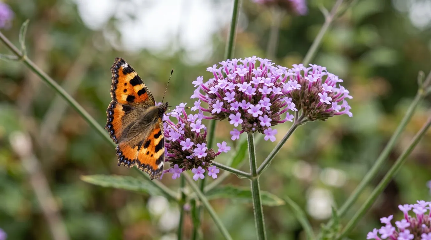 Close-up of the purple-lilac flower clusters of Verbena bonariensis on wiry stems in a British garden