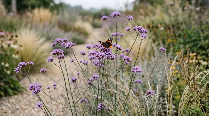 Tall Verbena bonariensis with purple flower clusters swaying above a sunny UK prairie-style border