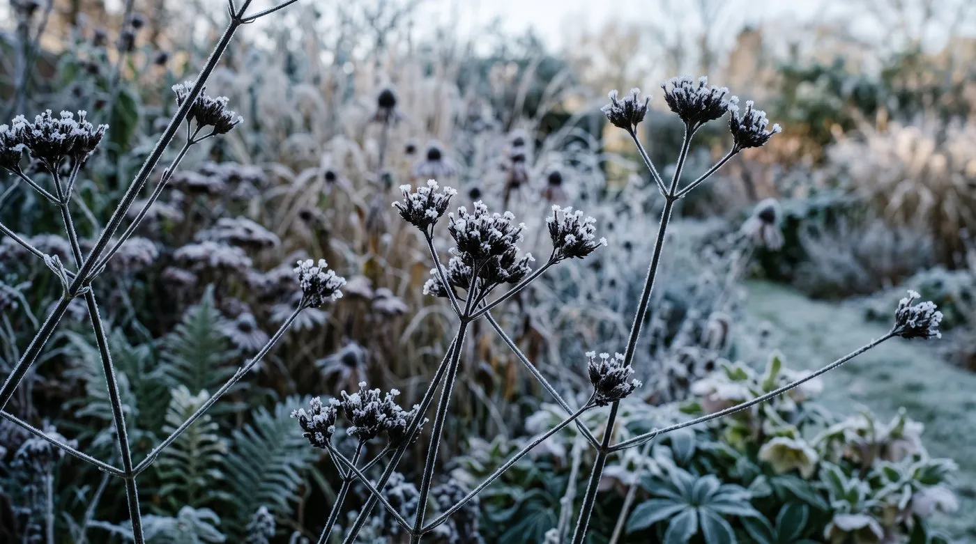 Frosted Verbena bonariensis stems and seedheads left standing in a winter UK garden