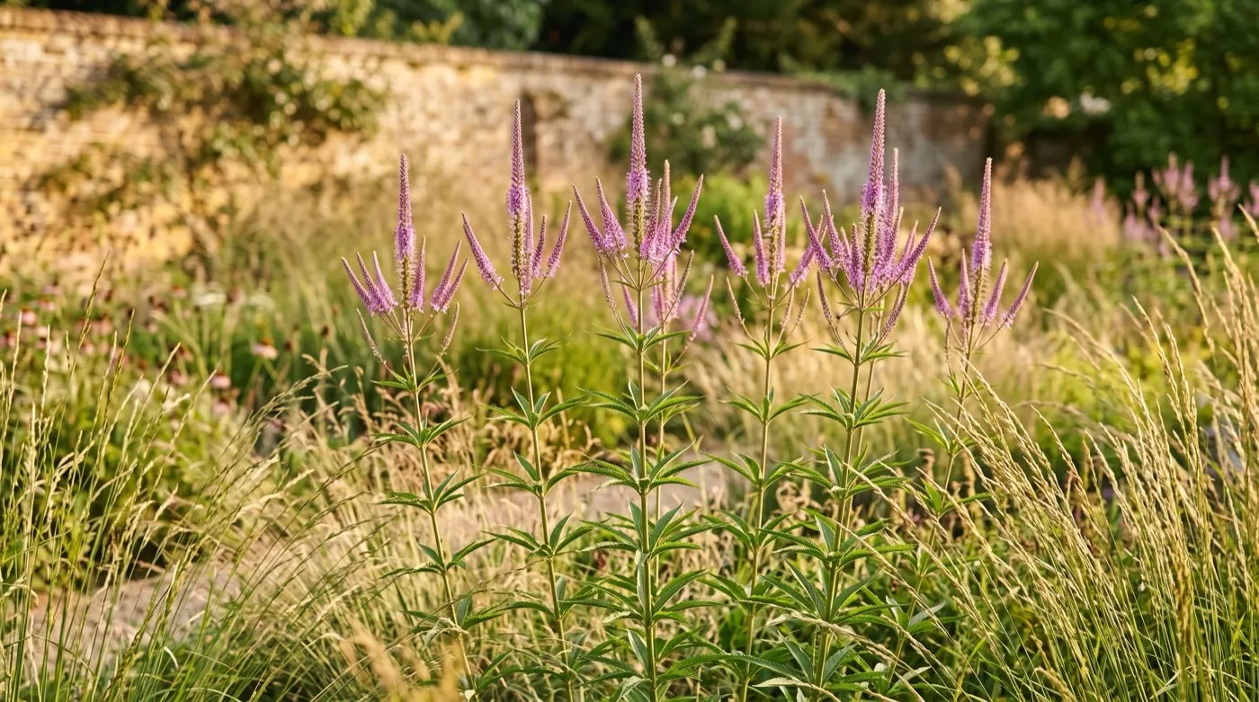 Veronicastrum Fascination raising lilac candelabra spires above grasses in a UK prairie border