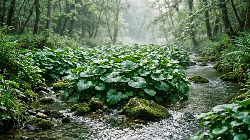 Mature Wasabia japonica plants growing in a shaded Dorset water bed with broad heart-shaped leaves