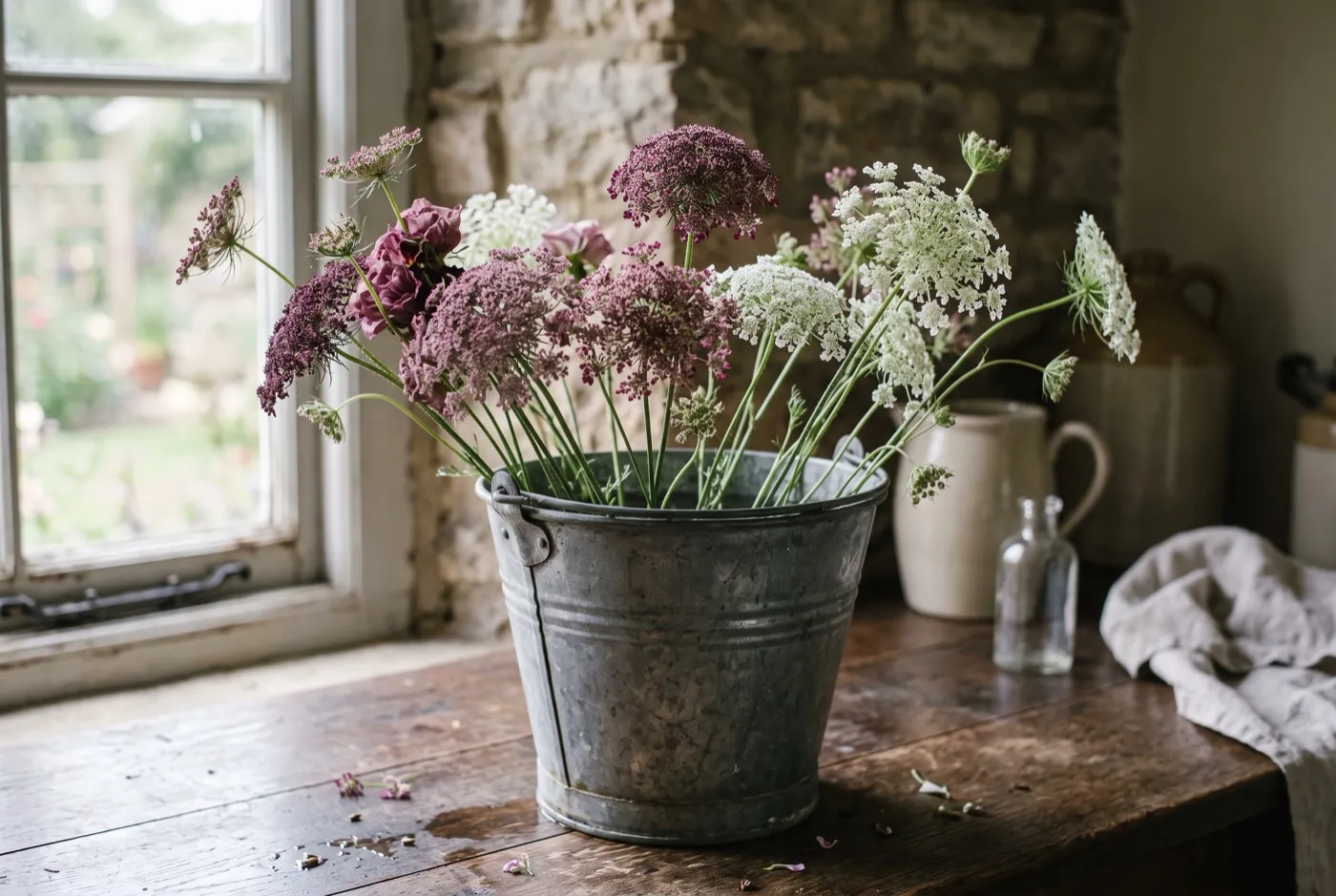 Plum and white wild carrot Dara umbels conditioning in a bucket in a farmhouse kitchen