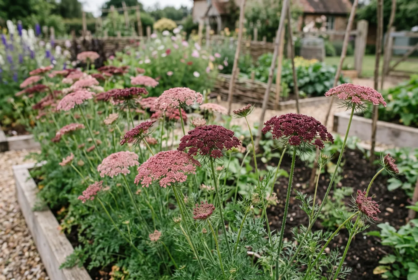 Plum-pink and burgundy Daucus carota Dara umbels in a UK cutting garden row