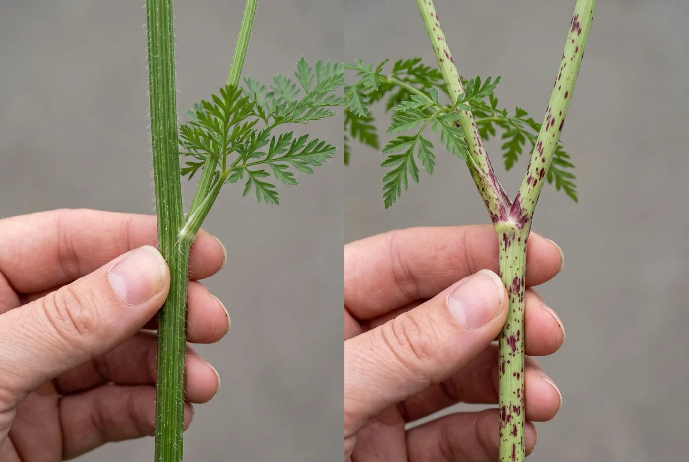 Comparison of hairy green wild carrot stem beside a smooth purple-blotched poison hemlock stem for UK identification