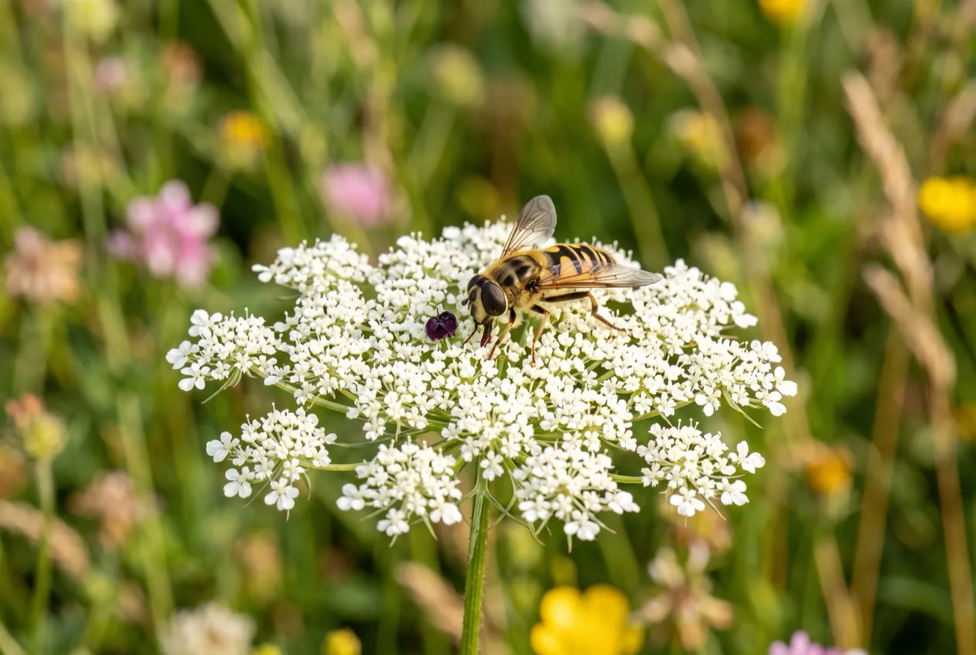 Hoverfly feeding on a flat white wild carrot umbel in a UK wildlife border