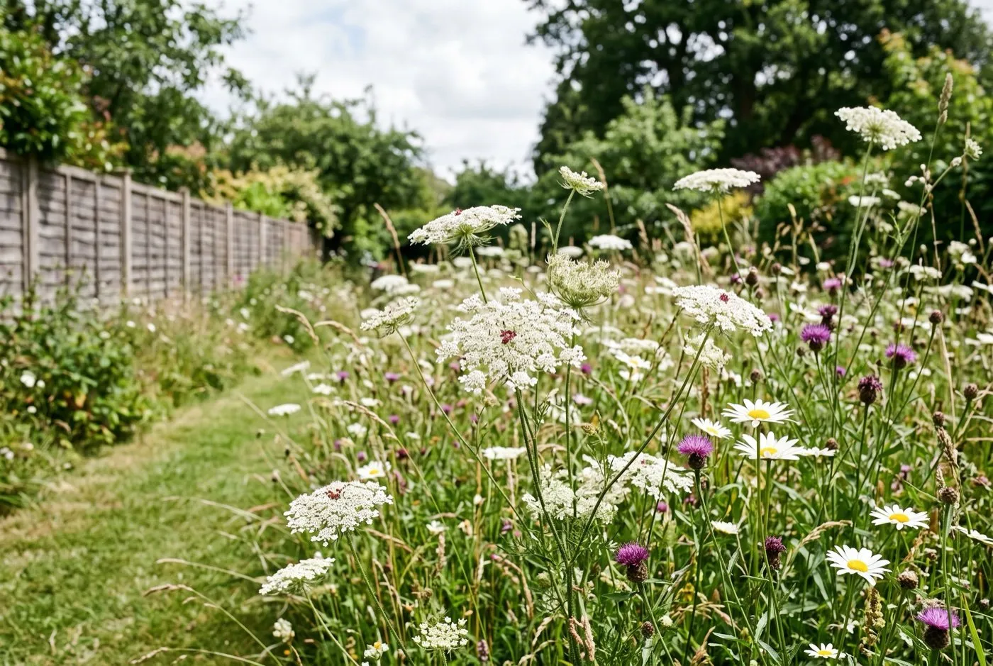Native white wild carrot flowering through a naturalistic mini-meadow in a UK suburban garden