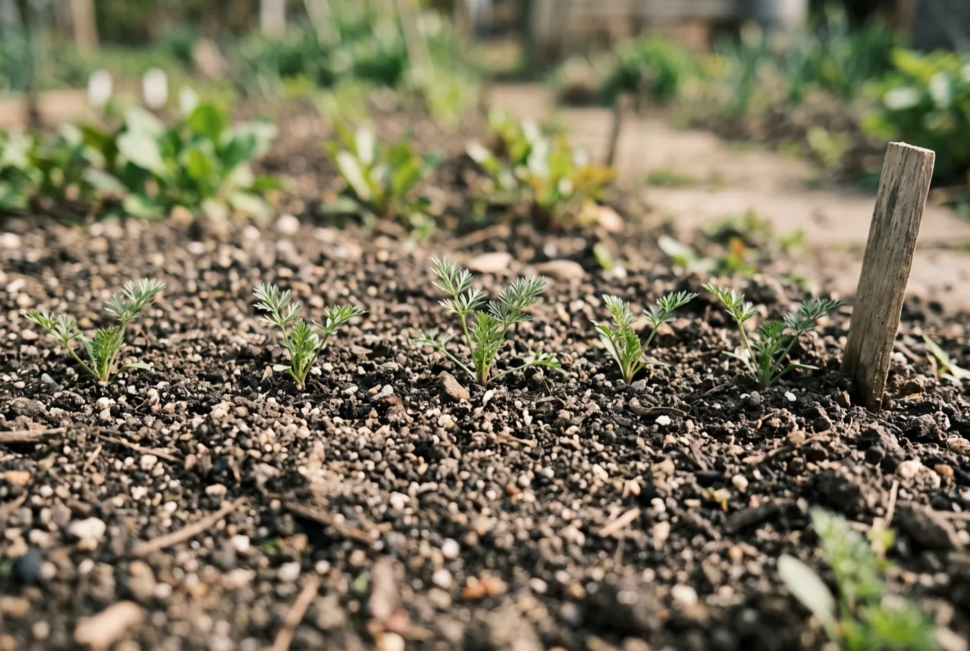 Young wild carrot seedlings thinned in a raked drill in a UK cutting garden bed