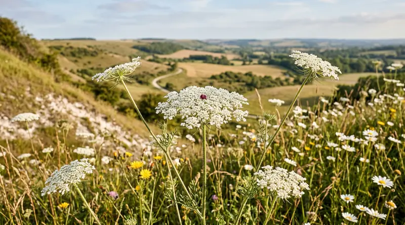 Wild carrot Daucus carota white lacy umbels with single dark central floret in a UK chalk meadow