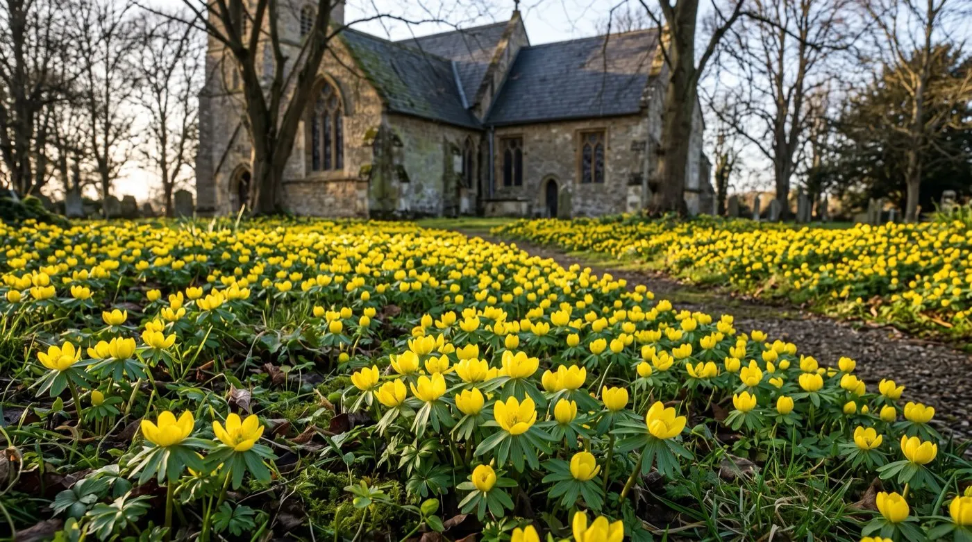 Winter aconite flowering in a golden carpet under bare trees in a UK churchyard in January