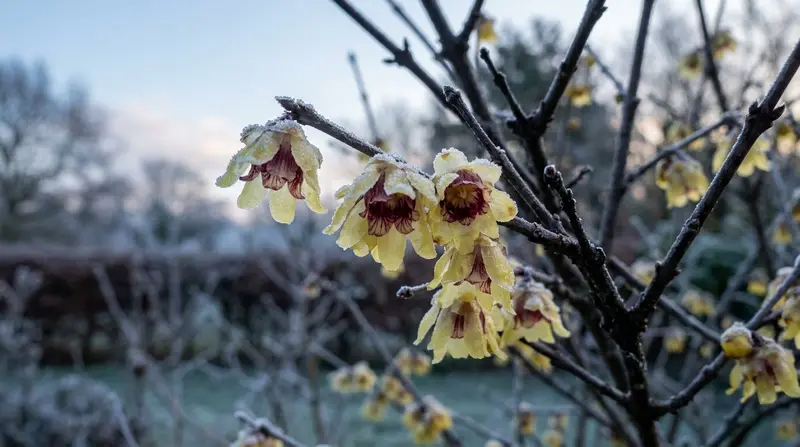 Waxy translucent pale-yellow wintersweet flowers on bare winter branches with frost in a UK garden