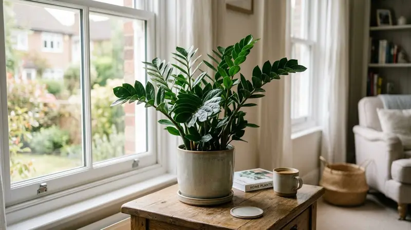 Healthy ZZ plant with glossy dark green leaves in a ceramic pot in a bright UK home