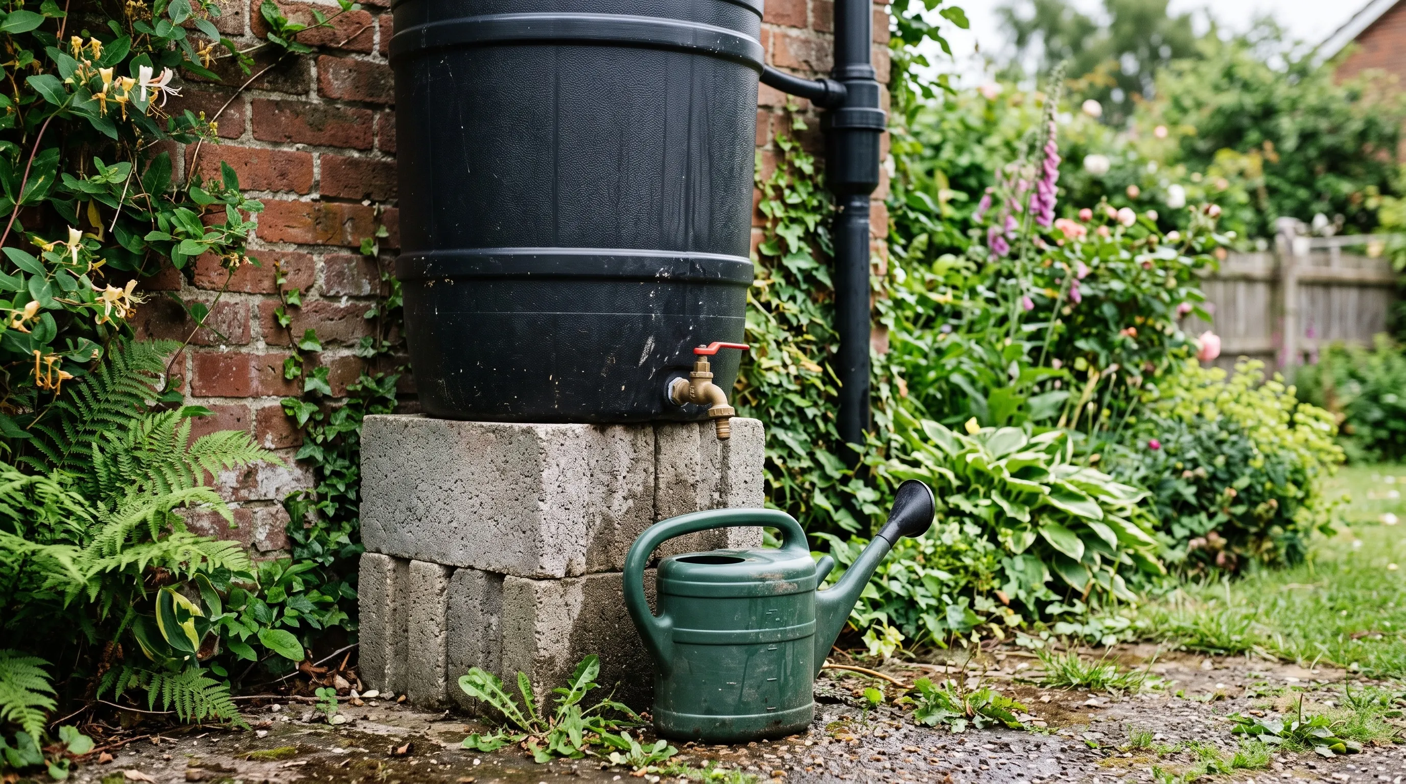Water butt raised on a breeze block plinth showing the tap height clearance for a watering can